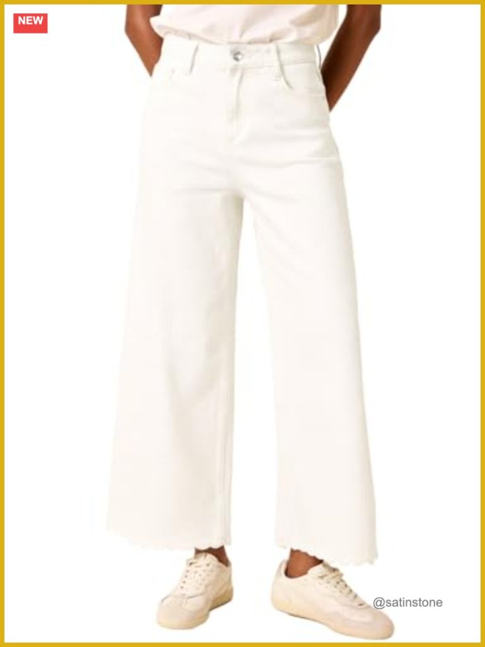 High Waisted Wide Leg Cropped Jeans Scalloped Hem Stretchy Denim Pants